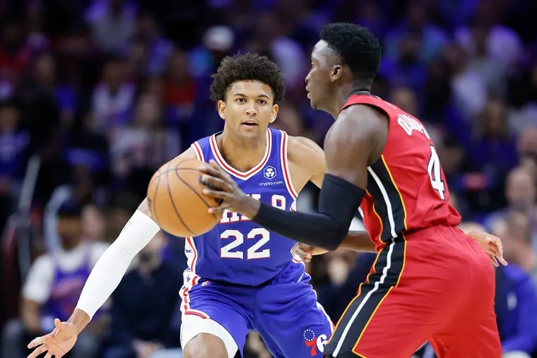 Sixers guard Matisse Thybulle defends Miami Heat guard Victor Oladipo during game six of the second-round Eastern Conference playoffs on Thursday, May 12, 2022 in Philadelphia.