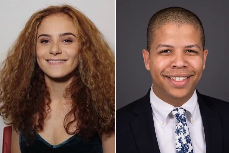 Adrianna Branin (left), a junior at Indiana University of Pennsylvania, and Vlad Carrasco (right), a senior at Rutgers University - New Brunswick received Biden Courage Awards on Tuesday for stopping sexual assaults in their college communities.