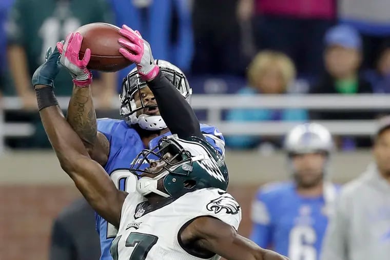 Darius Slay is shown intercepting a pass against Eagles in a 2016 game. Slay was traded to the Eagles on Thursday for third- and fifth-round draft picks.