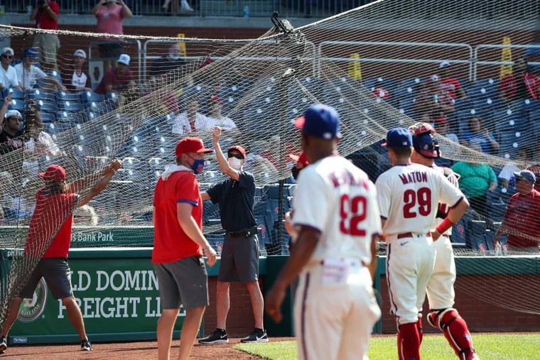 The net behind home plate collapsed during the top of the eighth inning at the Philadelphia Phillies game against the Washington Nationals at Citizens Bank Park on Sunday. It caused a long delay.