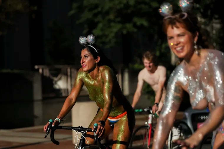 The Philly Naked Bike Ride makes its down Arch St. before turning down 13th St.