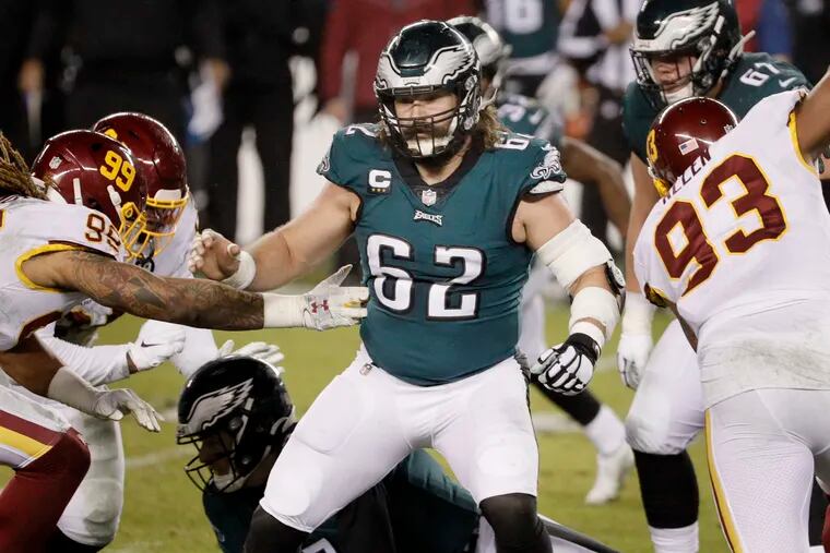Eagles center Jason Kelce (62), shown in a game against Washington last season, is proof that you can find gold late in the draft. But not often.