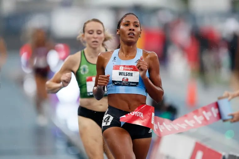 Ajee Wilson crosses the finish line as she wins the women's 800-meter run at the U.S. championships on July 28, 2019, in Des Moines, Iowa.