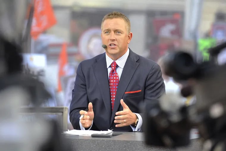 ESPN college football analyst Kirk Herbstreit on the set of a 'College GameDay" in 2015.