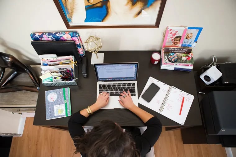 If you're working at home, “you definitely need a dedicated space,” says Hilary Young, who runs a content branding and marketing business from her Philadelphia home. “I have artwork, cute office supplies, a comfortable chair and an organized desk, and I’m sure mail and my kids’ stuff doesn’t end up there.”