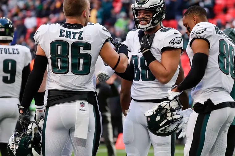 Eagles tight ends Zach Ertz (86) and Dallas Goedert (88) might be the key to victory Sunday against the Vikings.