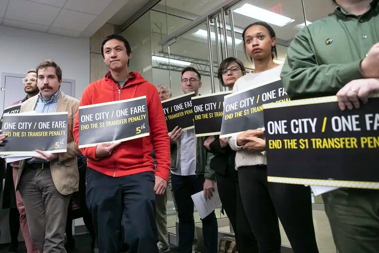 Activists from 5th Square, an urbanist political action committee, attend a press conference on the proposed fare restructuring plan for FY2021 at SEPTA headquarters in Center City Philadelphia on Wednesday, March 11, 2020.