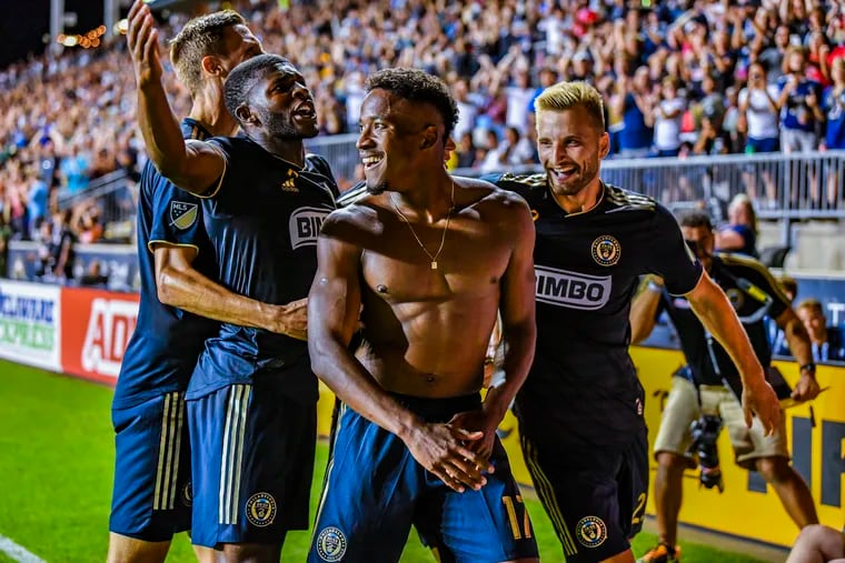 Sergio Santos celebrates after scoring the game-clinching goal in the Union's 3-1 win over Atlanta United at Talen Energy Stadium on August 31, 2019.