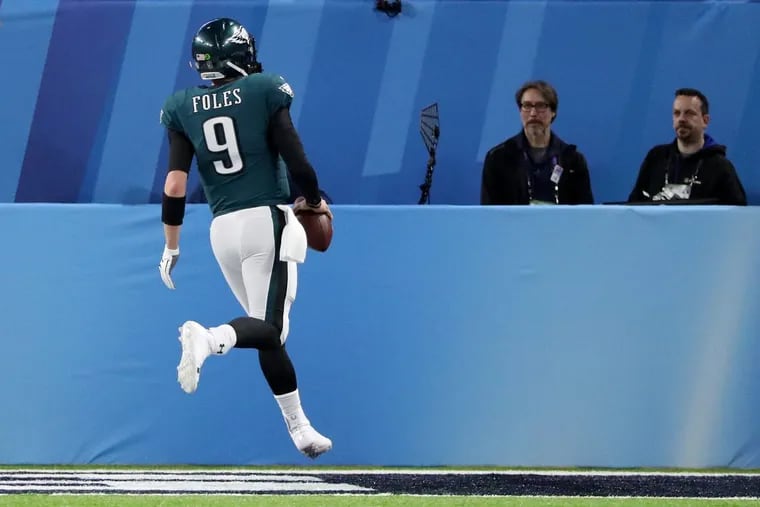 Eagles quarterback Nick Foles skips into the end zone for a touchdown in the second quarter of Super Bowl LII, at U.S. Bank Stadium in Minneapolis, Minnesota.