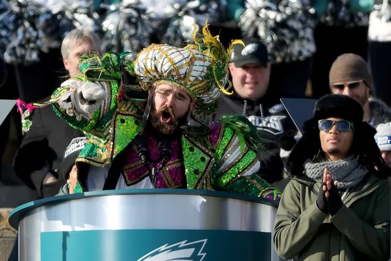 Eaglesâ€™ Jason Kelce yells during his speech at the Eagles Super Bowl Champions celebration at the Art Museum in Philadelphia on February 8, 2018.