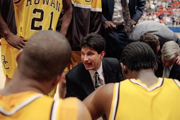 John Giannini talks to his Rowan players during the 1995-96 season.