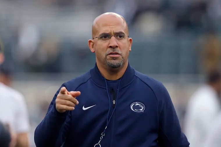 Penn State coach James Franklin watches during warmups before an NCAA college football game against Michigan State, Saturday, Oct. 26, 2019, in East Lansing, Mich. (AP Photo/Al Goldis)