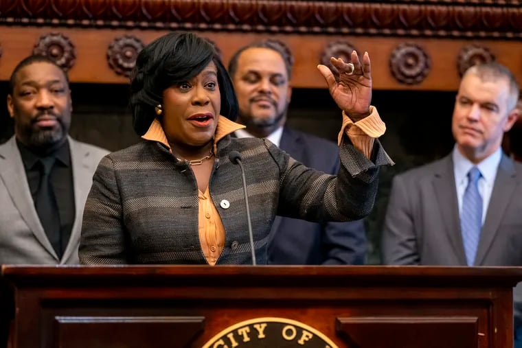 Mayor Cherelle L. Parker speaks at a Feb. 5 news conference. She delivered her first address to the Chamber of Commerce for Greater Philadelphia on Wednesday.