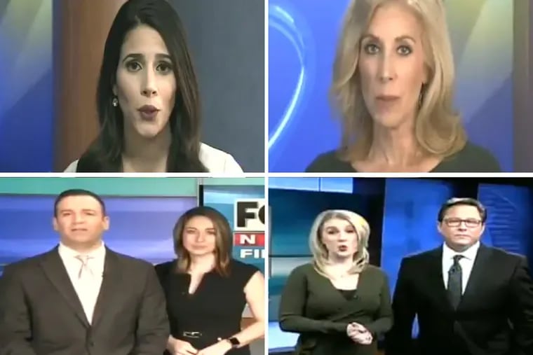 (Clockwise from top left) Pennsylvania news anchors Jessica Guay, Jen Johnson, Ryan Cummins, Jamie Innis, Jasmine Brooks and Robb Hanrahan were all forced to read the same script about “fake news,” provided by management at Sinclair.