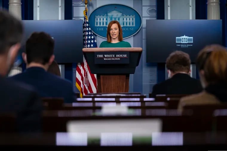 White House press secretary Jen Psaki speaks during a press briefing at the White House on Monday.