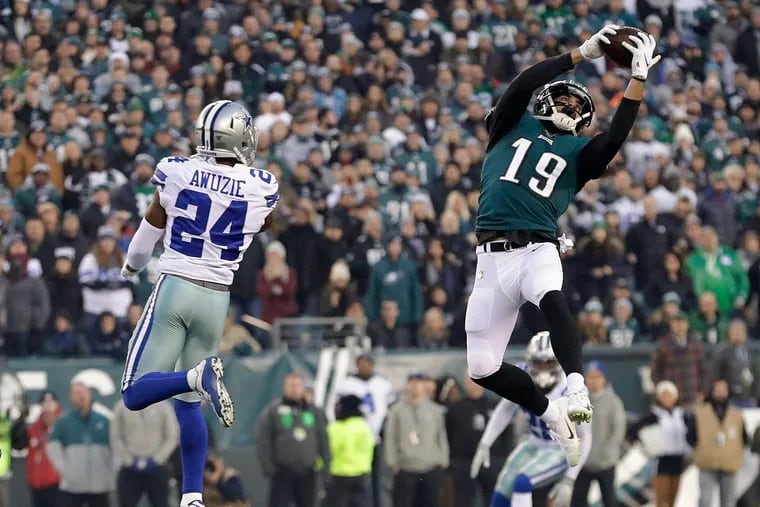 Eagles wide receiver J.J. Arcega-Whiteside makes a catch against the Dallas Cowboys on Dec. 22 at Lincoln Financial Field. YONG KIM / File