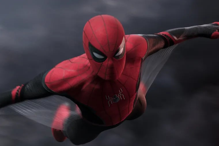 In "Spider-Man: Far From Home," Spider-Man (Tom Holland) glides through the air thanks to an upgraded Spider-Suit, much like some real-life spiders. Image released by Sony Pictures.
