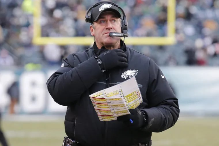 Eagles coach Doug Pederson on the sidelines against the Dallas Cowboys during the third-quarter on Sunday, December 31, 2017 in Philadelphia.