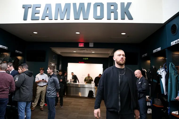 It remains to be seen if media members will be allowed back in professional and NCAA locker rooms again, as they were here at the Eagles' practice facility in January 2020.