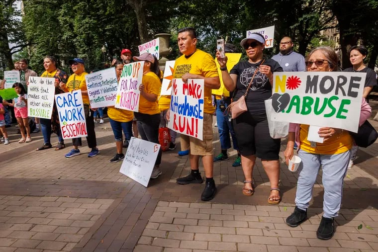“Members of the National Domestic Workers Alliance are rallying in Rittenhouse Square on Wednesday morning to raise awareness for Philadelphia's Domestic Workers Bill of Rights.” Rally held in center of Rittenhouse Square Park, 18th and Walnut Street, Philadelphia on Wednesday, June 14, 2023.