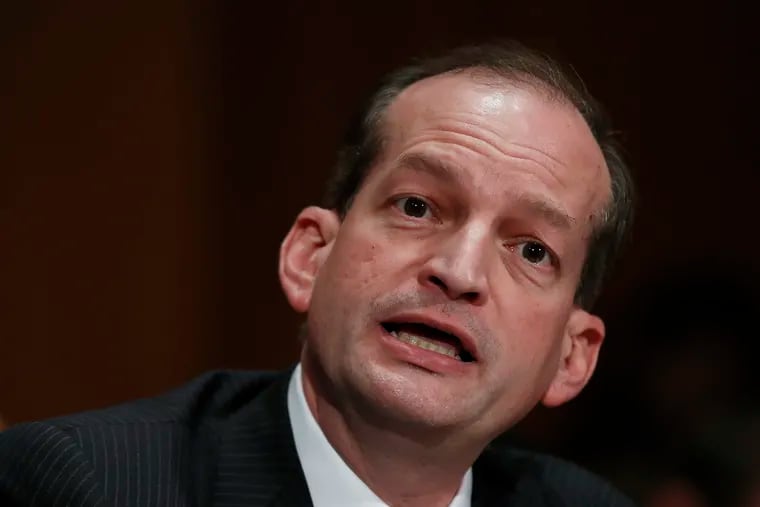 FILE- In this March 22, 2017, file photo, then-Labor secretary-designate Alex Acosta testifies on Capitol Hill in Washington. Judge Kenneth Marra ruled Thursday, Feb. 21, 2019, that the victims of financier Jeffrey Epstein should have been consulted under federal law. Marra stopped short of invalidating the non-prosecution agreement but asked prosecutors and victims' lawyers to recommend in 15 days how to move forward.