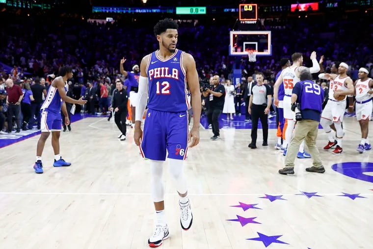 Sixers forward Tobias Harris walks off the court after the Sixers lost their Eastern Conference playoff series to the New York Knicks on Thursday, May 2, 2024 in Philadelphia.