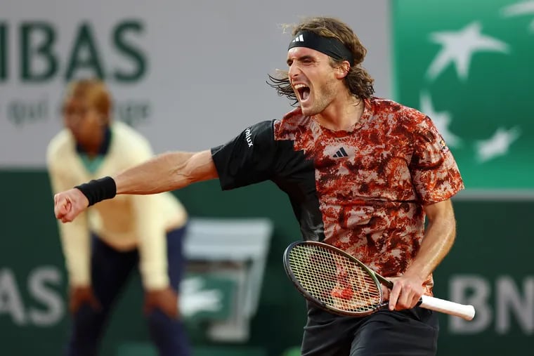 PARIS, FRANCE - JUNE 02: Stefanos Tsitsipas of Greece celebrates winning match point against Diego Schwartzman of Argentina during the Men's Singles Third Round match on Day Six of the 2023 French Open at Roland Garros on June 02, 2023 in Paris, France. (Photo by Clive Brunskill/Getty Images)