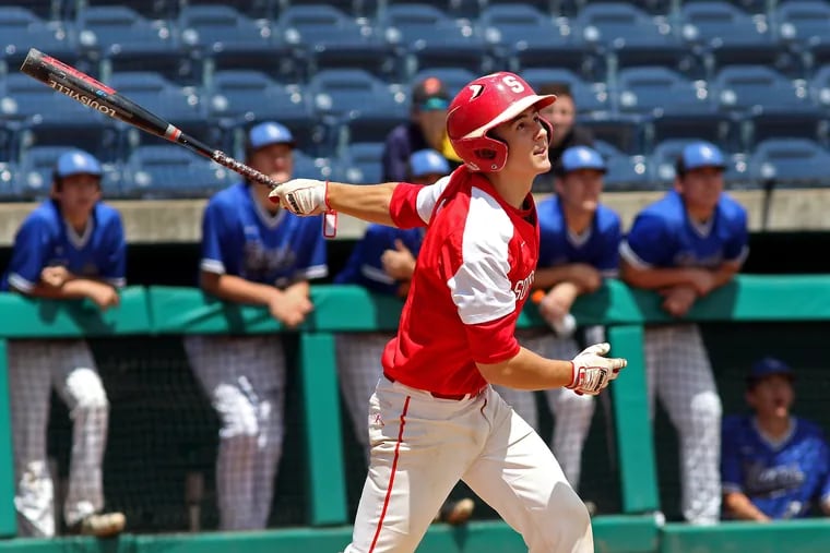 Souderton's Bill Norbeck hits an RBI single to score Joey Santone for the game-winning run in the sixth inning against Central Bucks South.