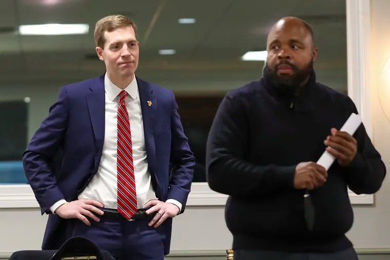 U.S. Rep. Conor Lamb (D-Pa.), left, stands behind Ryan Boyer, leader of the Philadelphia Building & Construction Trades Council, while Boyer announces the union group's endorsement for Lamb in his bid for the Democratic nomination for the U.S. Senate at Sprinkler Fitters Local Union 692 in Philadelphia on Wednesday, Jan. 5, 2021.