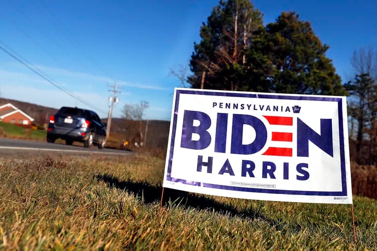 A week after the election, a Biden-Harris sign still stood along a road in predominantly red Susquehanna County. More than 1,000 active wells have been drilled over the last decade to extract gas from beneath the rolling farmland — the process known as fracking.