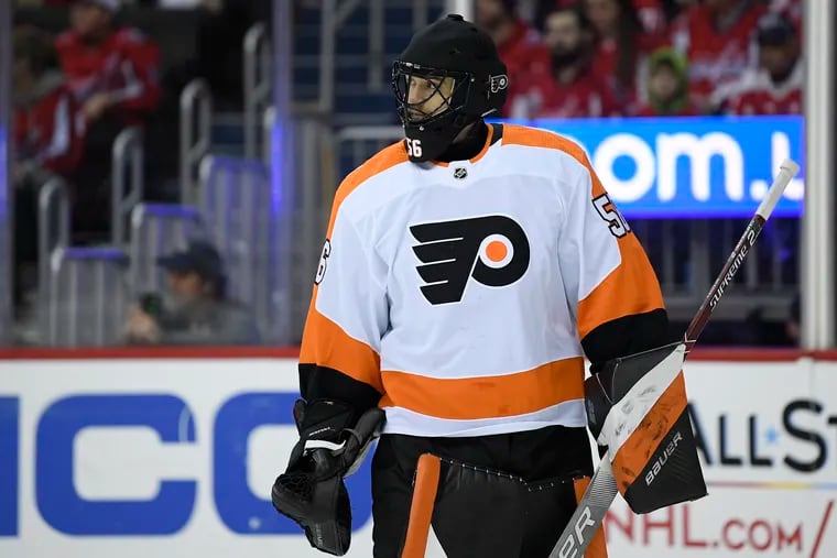 Philadelphia Flyers goaltender Mike McKenna (56) stands on the ice during the second period of an NHL hockey game against the Washington Capitals, Tuesday, Jan. 8, 2019, in Washington. (AP Photo/Nick Wass)