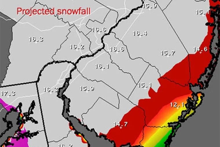 Map shows projected snowfall.  Source: NOAA.