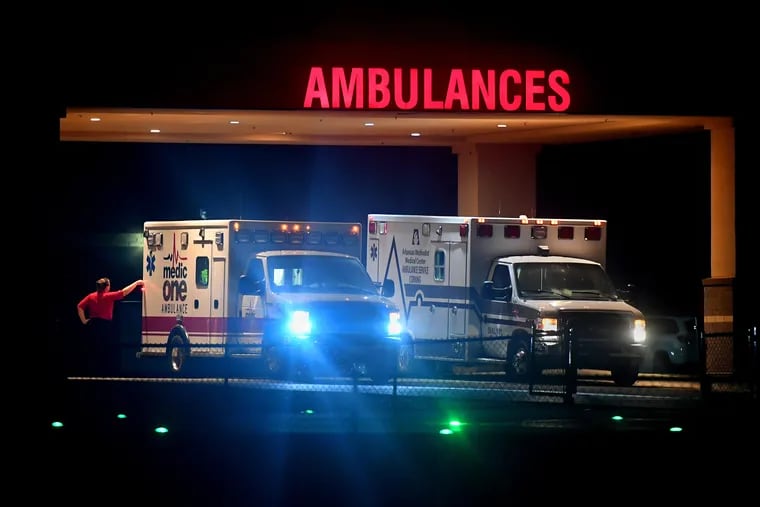 Ambulances parked at Poplar Bluff Regional Medical Center in Missouri.