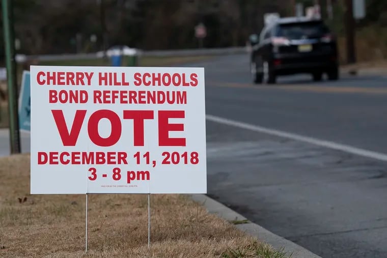A vote sign is shown outside the Rosa Middle School in Cherry Hill. Voters head to the polls Tuesday to consider a $210.7 million school bond referendum — one of the largest in New Jersey in at least a decade, officials say.
