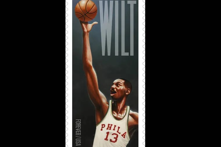 This image provided by the U.S Postal Service shows one of the two new Wilt Chamberlain stamps. The U.S. Postal Service and the Philadelphia 76ers, with cooperation from the NBA, will formally dedicate the Wilt Chamberlain Forever stamps in a halftime ceremony at a Dec. 5, 2014 game against Oklahoma City.  (AP Photo/U.S Postal Service)