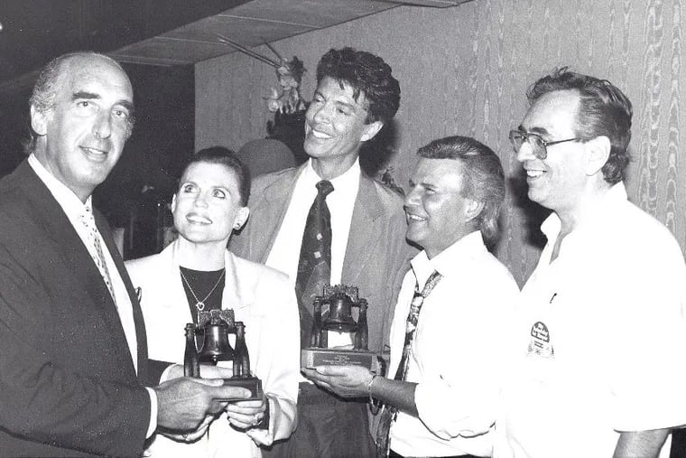 In 1991, a few years after his failed attempt to put a Playboy Club on South Broad Street, Harry Jay Katz (left) presented Liberty Bells to Broadway stars Ann Reinking and Tommy Tune, plus local legend Bobby Rydell, as Stu Bykofsky looked on.