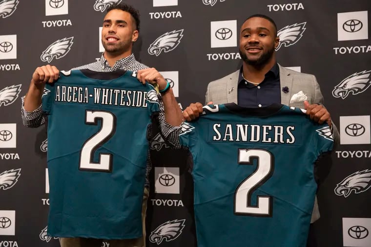 The Falcons are familiar with the Eagles' two second-round picks J.J. Arcega-Whiteside (left) and Miles Sanders. They scouted both during the pre-draft process.