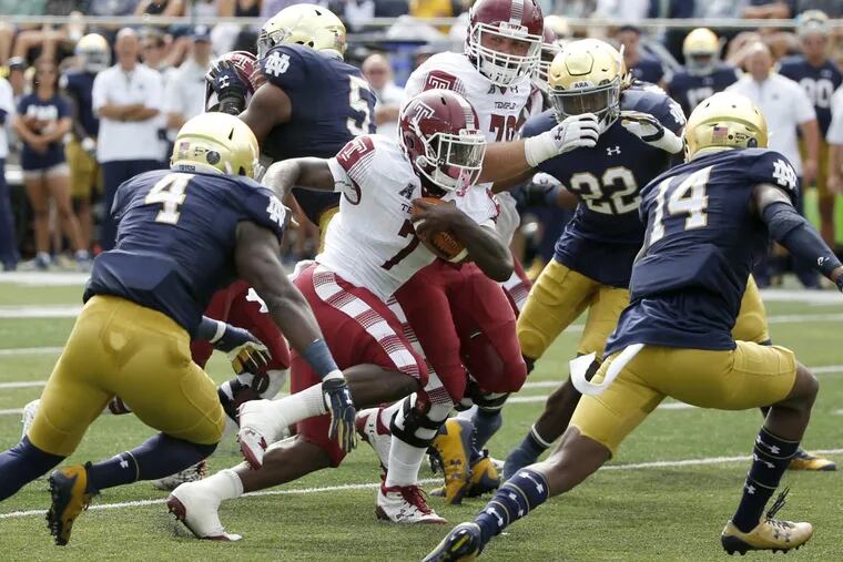 Temple running back Ryquell Armstead (7) carries the ball past Notre Dame linebacker Te’von Coney (4) and Devin Studstill during the first half of an NCAA college football game Saturday, Sept. 2, 2017, in South Bend, Ind. (AP Photo/Charles Rex Arbogast)