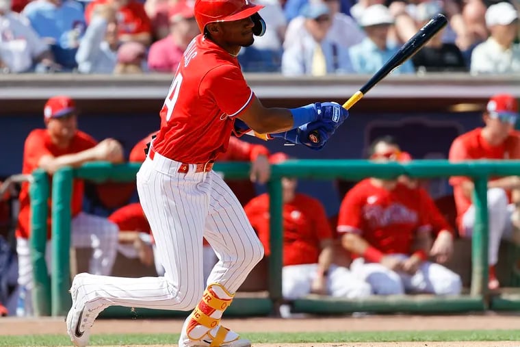 Johan Rojas at bat for the Phillies during a spring training game against the Toronto Blue Jays on Feb. 28.