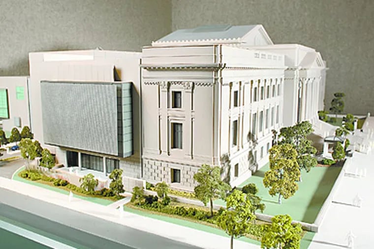 The Karabotses' pledge puts the Franklin Institute closer to starting a long-planned addition to the Franklin Institute, seen in a model. The addition, on the south side, will house a $10 million multiroom exhibit on the brain and neuroscience, and more. (ED HILLE / Staff Photographer)