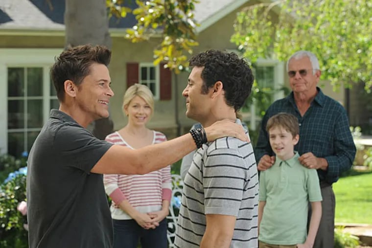 &quot;The Grinder&quot; stars (from left) Rob Lowe, Mary Elizabeth Ellis, Fred Savage, Connor Kalopsis, and William Devane. It premiers at 8:30 p.m. Tuesday on Fox29. (Photo: Ray Mickshaw / FOX)