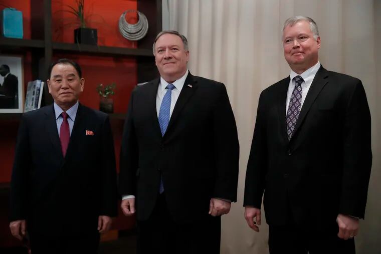 Secretary of State Mike Pompeo, center, Kim Yong Chol, a North Korean senior ruling party official and former intelligence chief, left, and U.S. Special Representative for North Korea, Stephen Biegun, right, meet in Washington, Friday, Jan. 18, 2019.