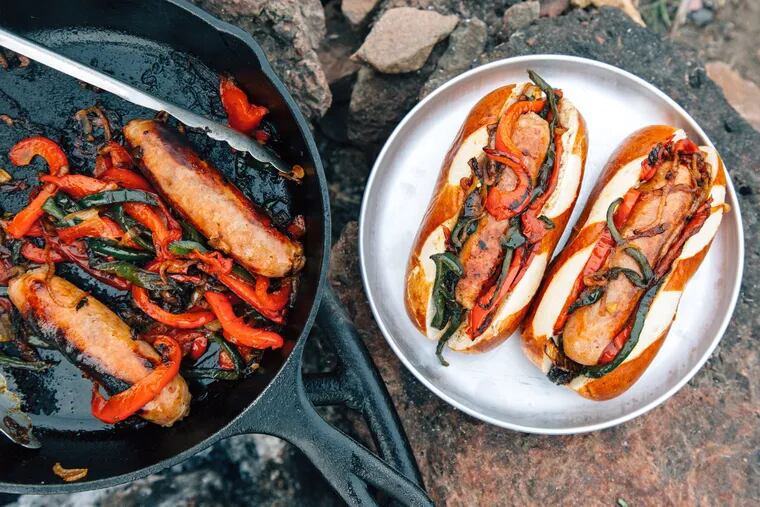 Make campfire-cooked bratwursts a little more gourmet with better bread and bell peppers.