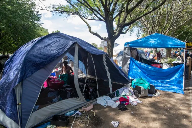 The homeless encampment on the Benjamin Franklin Parkway on Aug. 20, 2020. U.S. District Judge Eduardo C. Robreno ruled Tuesday that the city can clear the encampments.