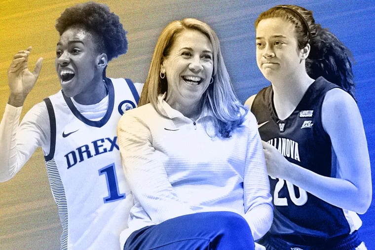 Statistically speaking, Keishana Washington, left and Maddy Siegrist, right are the best shooters in all of women's college basketball. At the center of their rise from two City 6 schools is Denise Dillon, Villanova's head coach, Drexel's former head coach and a Big 5 Hall of Famer in her own right.