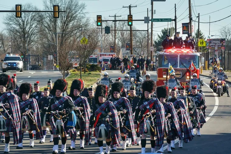 The funeral procession for firefighter Michael Bernstein, who died on March 20 while on duty at Engine 78 at Philadelphia International Airport.