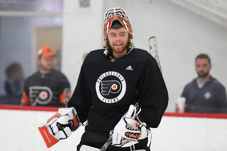 Flyers goalie prospect Felix Sandstrom, shown during Sunday's rookie camp, is expected to start the season with the Phantoms.