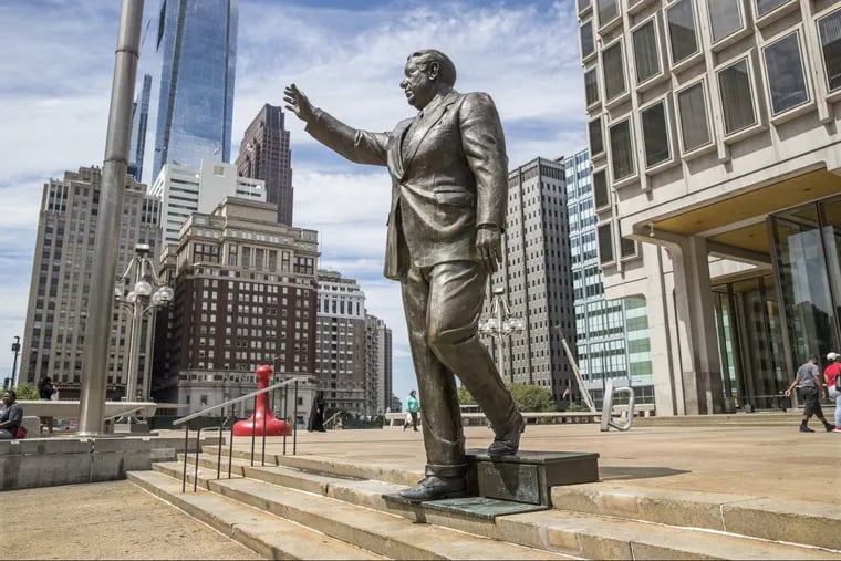 The statue of former Mayor Frank Rizzo. The city is accepting suggestions for what to do with the controversial monument.