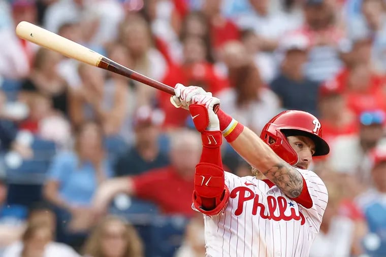 Phillies Bryson Stott at bat against the Washington Nationals on June 30. He entered Friday hitting .322 with an .853 OPS since May 17.