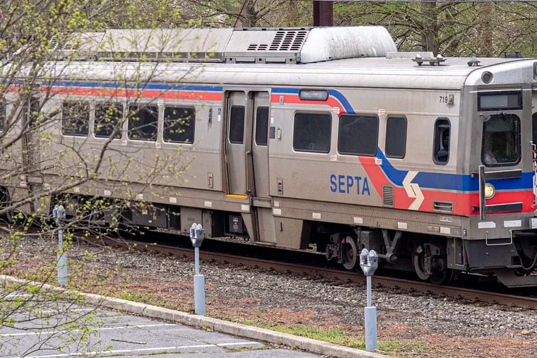 A SEPTA train is shown in Swarthmore, Pa. Thursday, April 15, 2021.